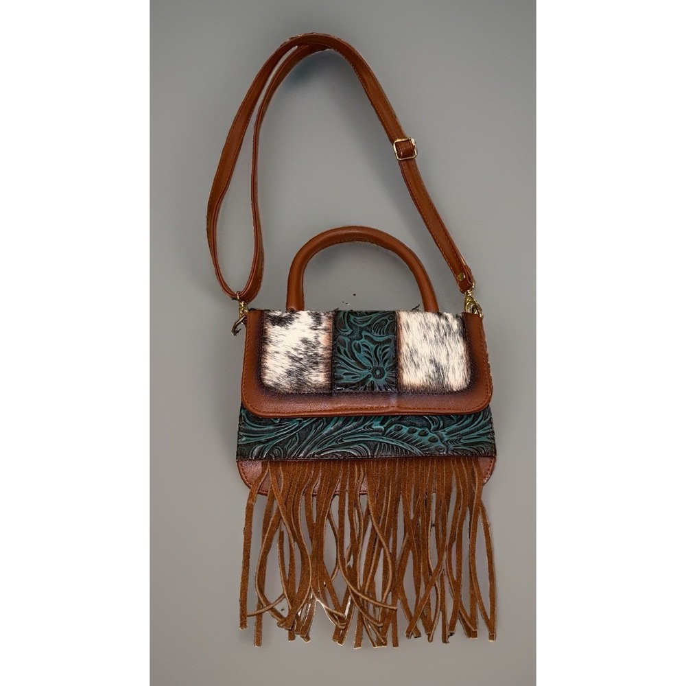 Western Animal Print Cow Fringe Crossbody Bag with Tooled Leather Excellent